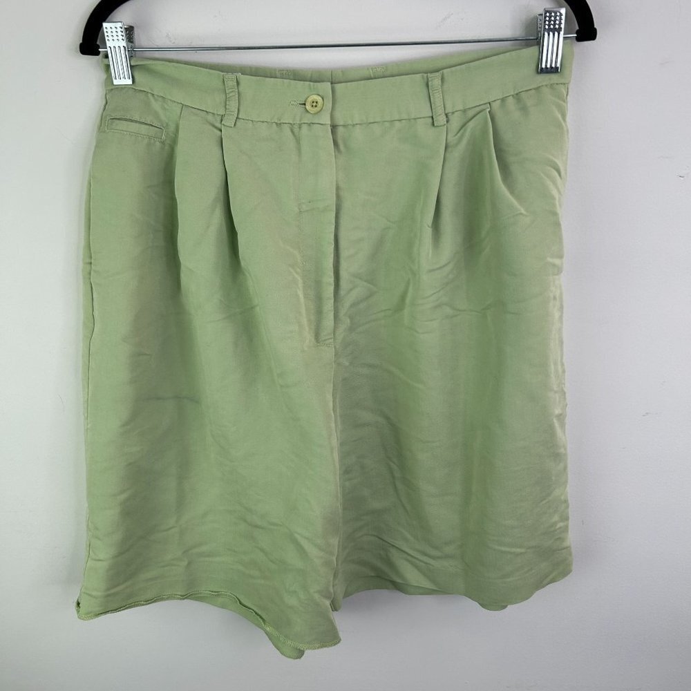 Vintage Pleated Shorts High Waist Green Cotton Blend‎ Career Casual